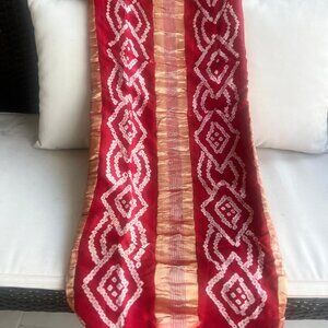 Handmade Red and Gold Bandhani Saree with Geometric Tie-Dye Pattern
